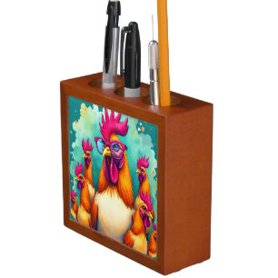 Funny Hipster Rooster Retro Pop Art Illustration Desk Organizer