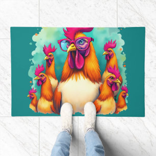 Funny Hipster Rooster Retro Pop Art Illustration Doormat