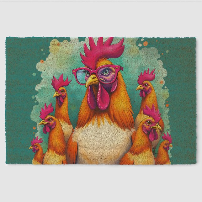 Funny Hipster Rooster Retro Pop Art Illustration Fiber Doormat (Front)
