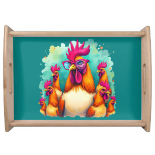 Funny Hipster Rooster Retro Pop Art Illustration Serving Tray