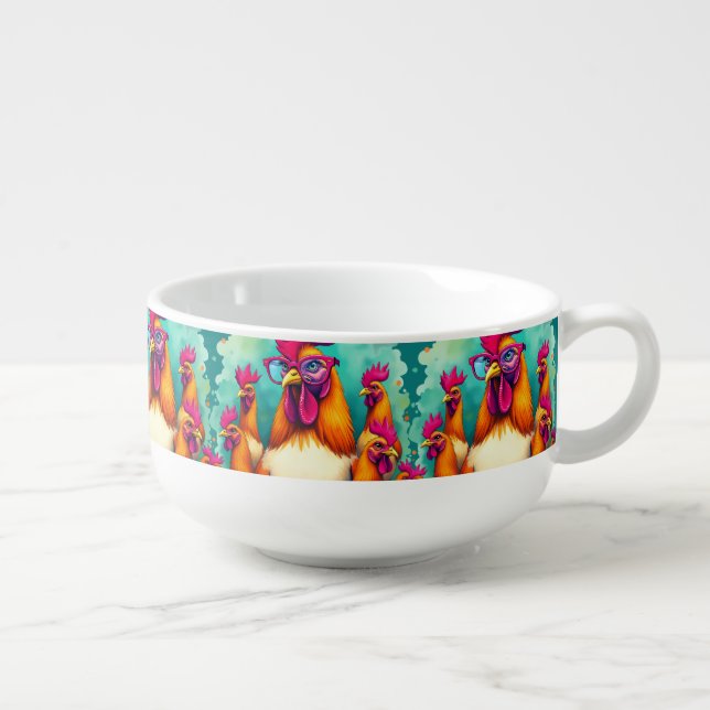 Funny Hipster Rooster Retro Pop Art Illustration Soup Mug (Left)
