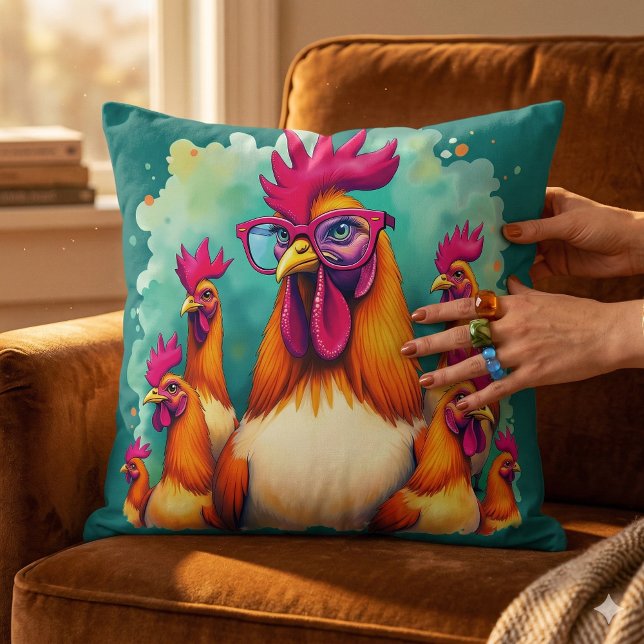 Funny Hipster Rooster Retro Pop Art Illustration Throw Pillow (Funny Hipster Rooster Retro Pop Art Illustration Throw Pillow Mockup D)