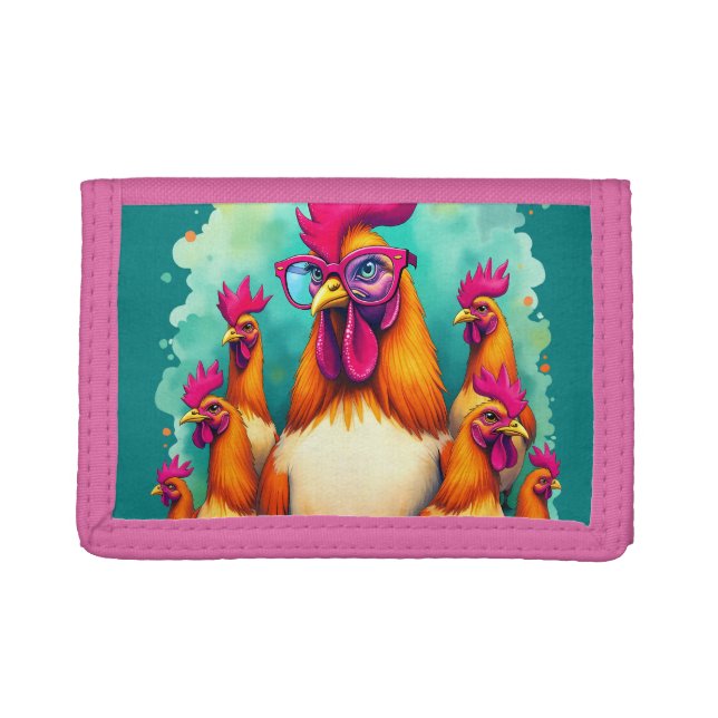 Funny Hipster Rooster Retro Pop Art Illustration Trifold Wallet (Front)