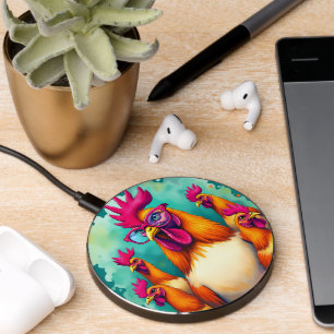 Funny Hipster Rooster Retro Pop Art Illustration Wireless Charger