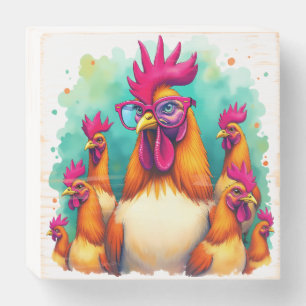 Funny Hipster Rooster Retro Pop Art Illustration Wooden Box Sign