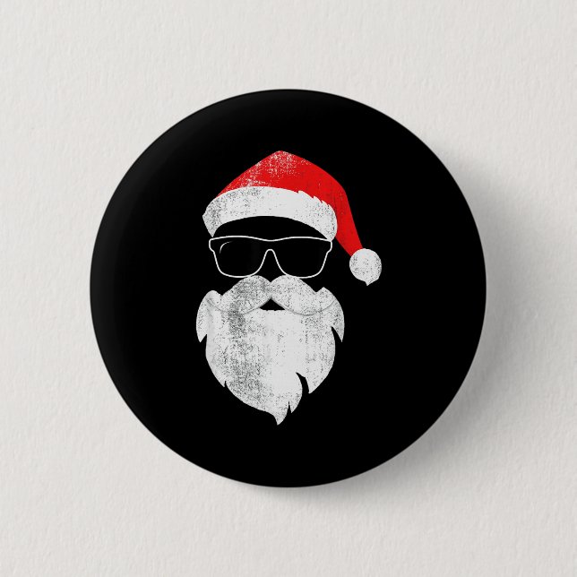 Funny Hipster Santa Face With Hat Beard &amp; Gles Button (Front)