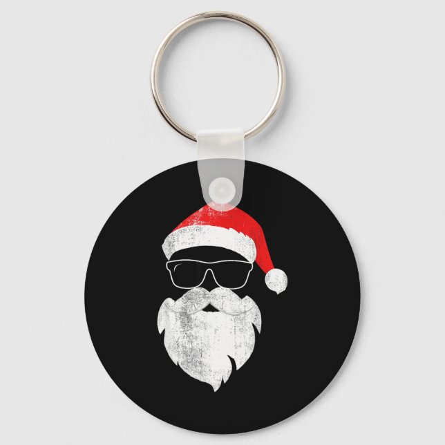Funny Hipster Santa Face With Hat Beard &amp; Gles Keychain (Front)