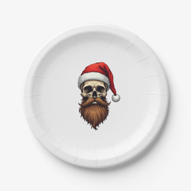 Funny Hipster Santa Skull Face With Hat Beard Chri Paper Plates (Front)