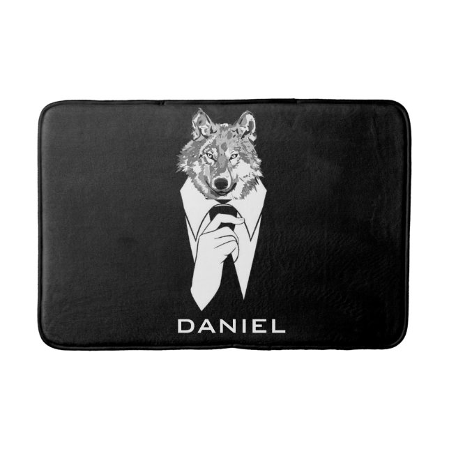 Funny Hipster Wolf with Black Tuxedo Personalized Bathroom Mat (Front)