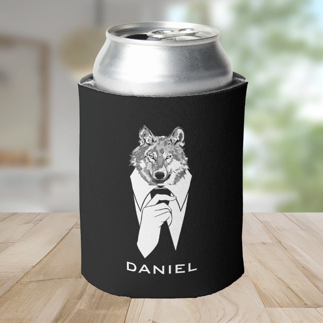 Funny Hipster Wolf with Black Tuxedo Personalized Can Cooler (Creator Uploaded)