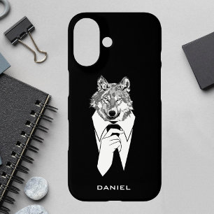 Funny Hipster Wolf with Black Tuxedo Personalized iPhone 16 Case