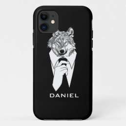 Funny Hipster Wolf with Black Tuxedo Personalized iPhone 11 Case