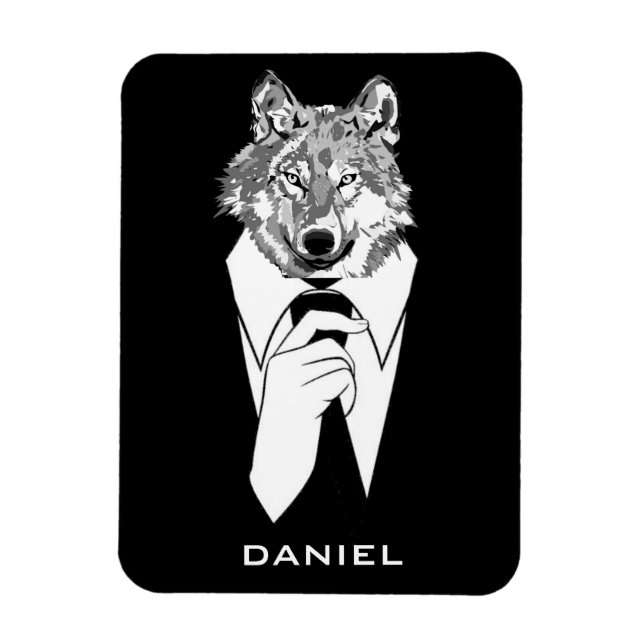 Funny Hipster Wolf with Black Tuxedo Personalized Magnet (Vertical)