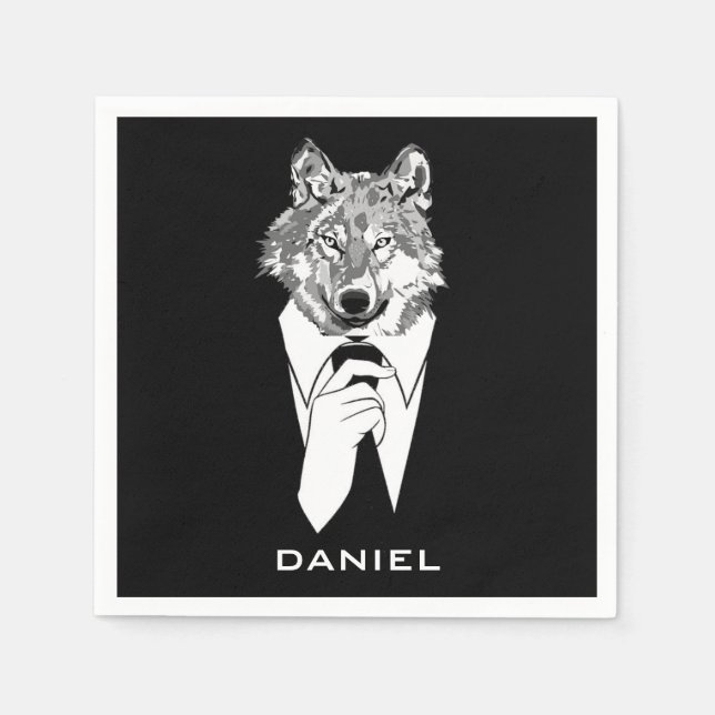 Funny Hipster Wolf with Black Tuxedo Personalized Napkins (Front)