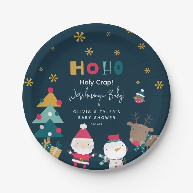 Funny 'Ho Ho Holy Crap' Christmas Baby Shower Paper Plates (Front)