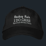 Funny "Hockey Hair I DO Care" custom team name Embroidered Baseball Hat<br><div class="desc">You know how much those hockey players love their long locks . . . well this is the hat for them! Funny baseball style cap reads "Hockey Hair I Do Care". (You can also change this to Hockey Hair Don't Care". Add your team or player name below and easily change...</div>