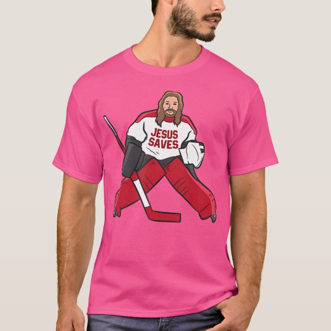 Funny Hockey Jesus Saves Hockey Goalie T-Shirt (Front)