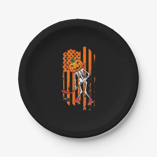 Funny Hockey Player Fan Gift Skeleton Halloween Paper Plates (Front)
