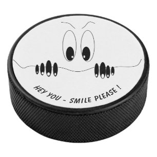 Funny Hockey Puck with Curiosity Eyes Custom Text