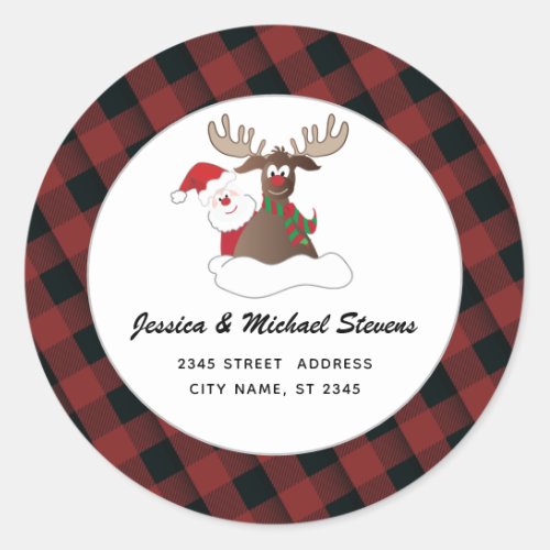 Funny holiday cartoon reindeer Santa plaid Label