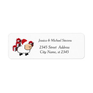 Funny holiday cartoon Santa white sheep Label