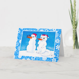Funny holiday cat, bird, snowman card
