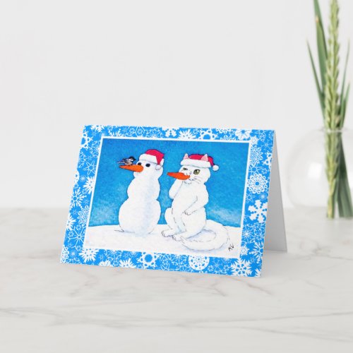 Funny holiday cat bird snowman card