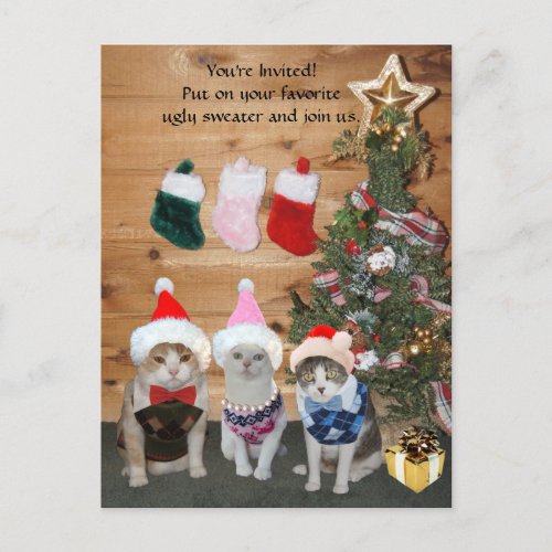 Funny Holiday Cats in Ugly Sweaters Invitation Postcard