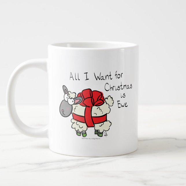 Funny Holiday Cute Sheep Christmas Cartoon Giant Coffee Mug (Left)