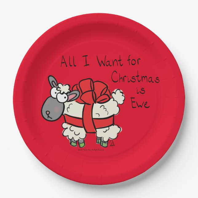 Funny Holiday Cute Sheep Christmas Cartoon Paper Plates (Front)