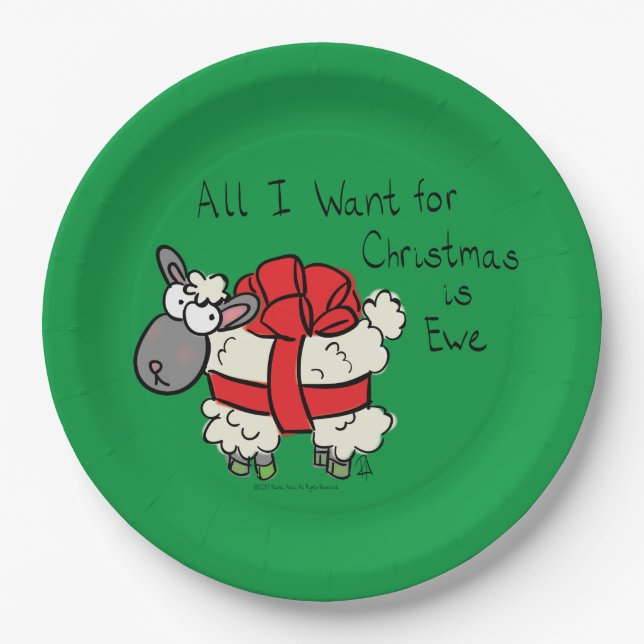 Funny Holiday Cute Sheep Christmas Cartoon Paper Plates (Front)