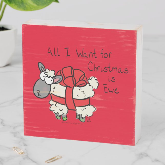 Funny Holiday Cute Sheep Christmas Cartoon Wooden Box Sign (In Situ Horizontal)