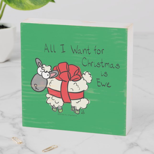 Funny Holiday Cute Sheep Christmas Cartoon Wooden Box Sign (In Situ Horizontal)