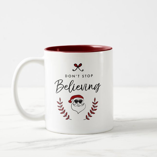 Funny Holiday Don't Stop Believing Christmas Humor Two-Tone Coffee Mug (Left)