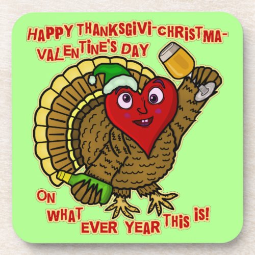 Funny Holiday Drunk Turkey Heart Beverage Coaster