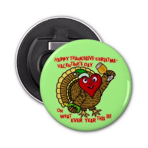 Funny Holiday Drunk Turkey Heart Bottle Opener