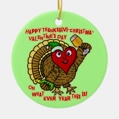 Funny Holiday Drunk Turkey Heart Ceramic Ornament