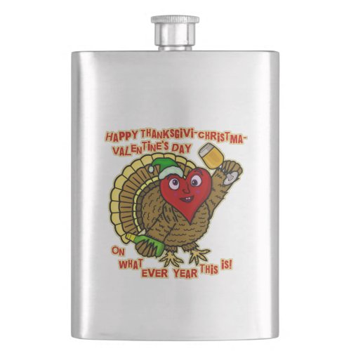 Funny Holiday Drunk Turkey Heart Hip Flask