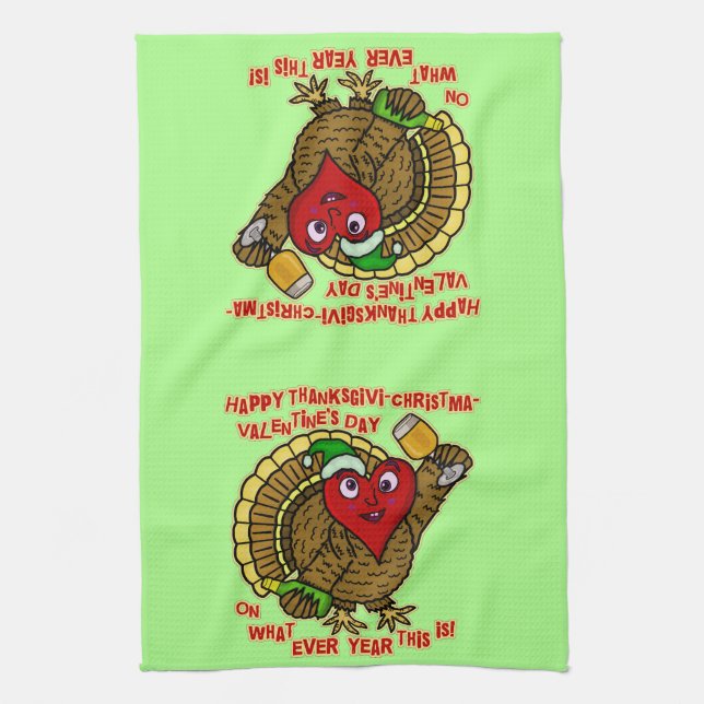 Funny Holiday Drunk Turkey Heart Kitchen Towel (Vertical)