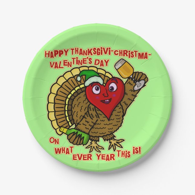 Funny Holiday Drunk Turkey Heart Paper Plates (Front)