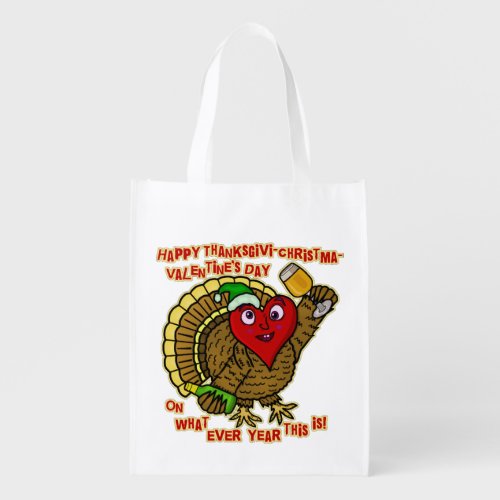 Funny Holiday Drunk Turkey Heart Reusable Grocery Bag