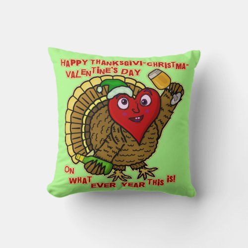 Funny Holiday Drunk Turkey Heart Throw Pillow