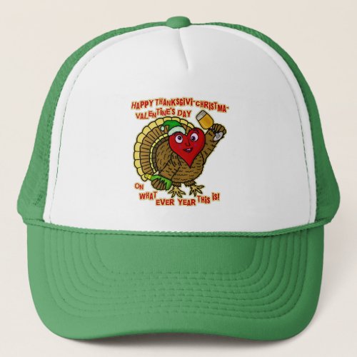 Funny Holiday Drunk Turkey Heart Trucker Hat