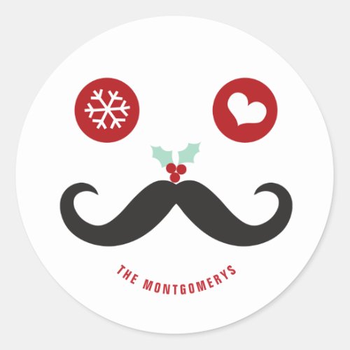 Funny Holiday Mustache Face Mistletoe Christmas Classic Round Sticker