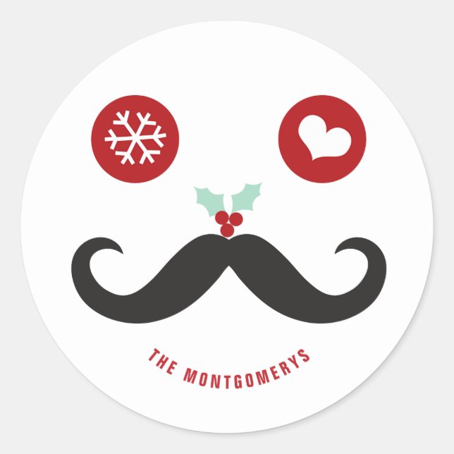 Funny Holiday Mustache Face Mistletoe Christmas Classic Round Sticker (Front)