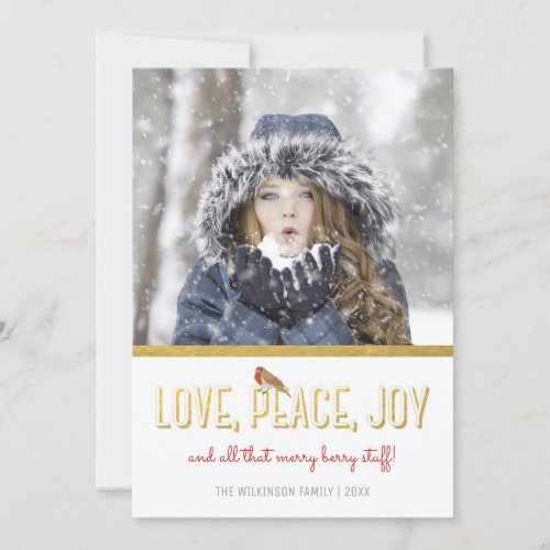 Funny Holiday Photo Love Peace Joy  Red Gold
