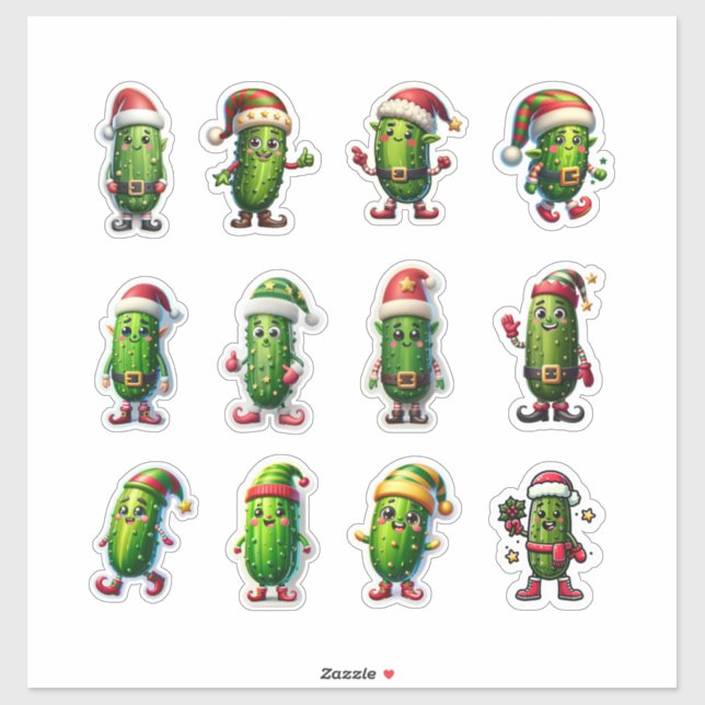 Funny Holiday Pickles in Santa Hats Sticker (Sheet)