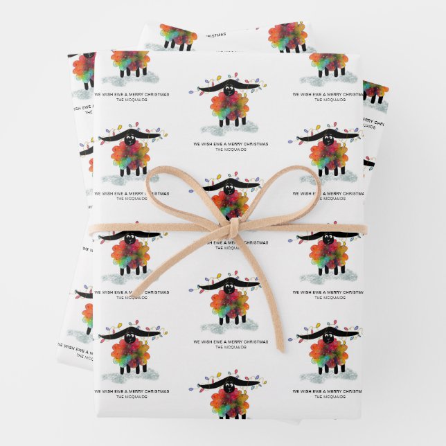Funny Holiday Sheep with Lights Personalized Wrapping Paper Sheets (In situ)