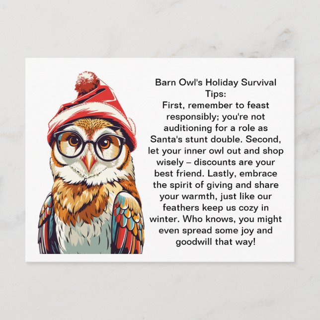 Funny Holiday Survival Tips From A Barn Owl Postcard (Front)