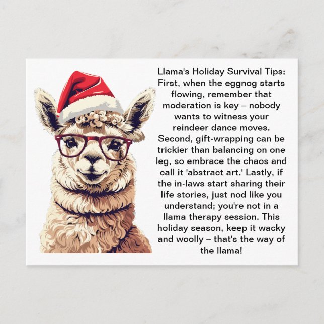 Funny Holiday Survival Tips From A Llama Postcard (Front)